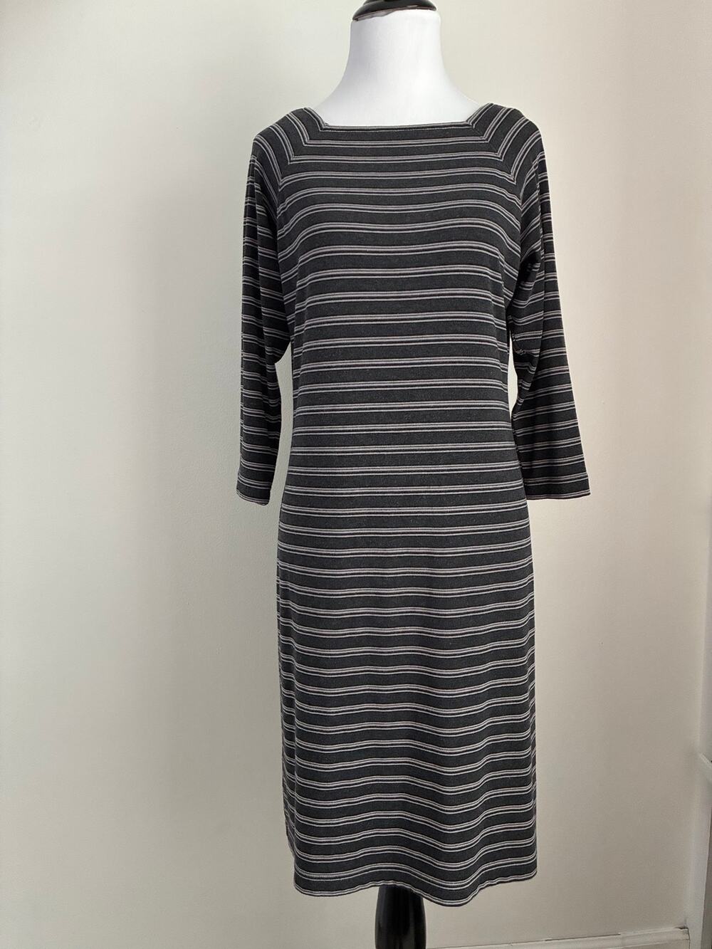 Talbots Petites Womens S Gray Striped Midi Dress Square Neck 3/4 Sleeve USA